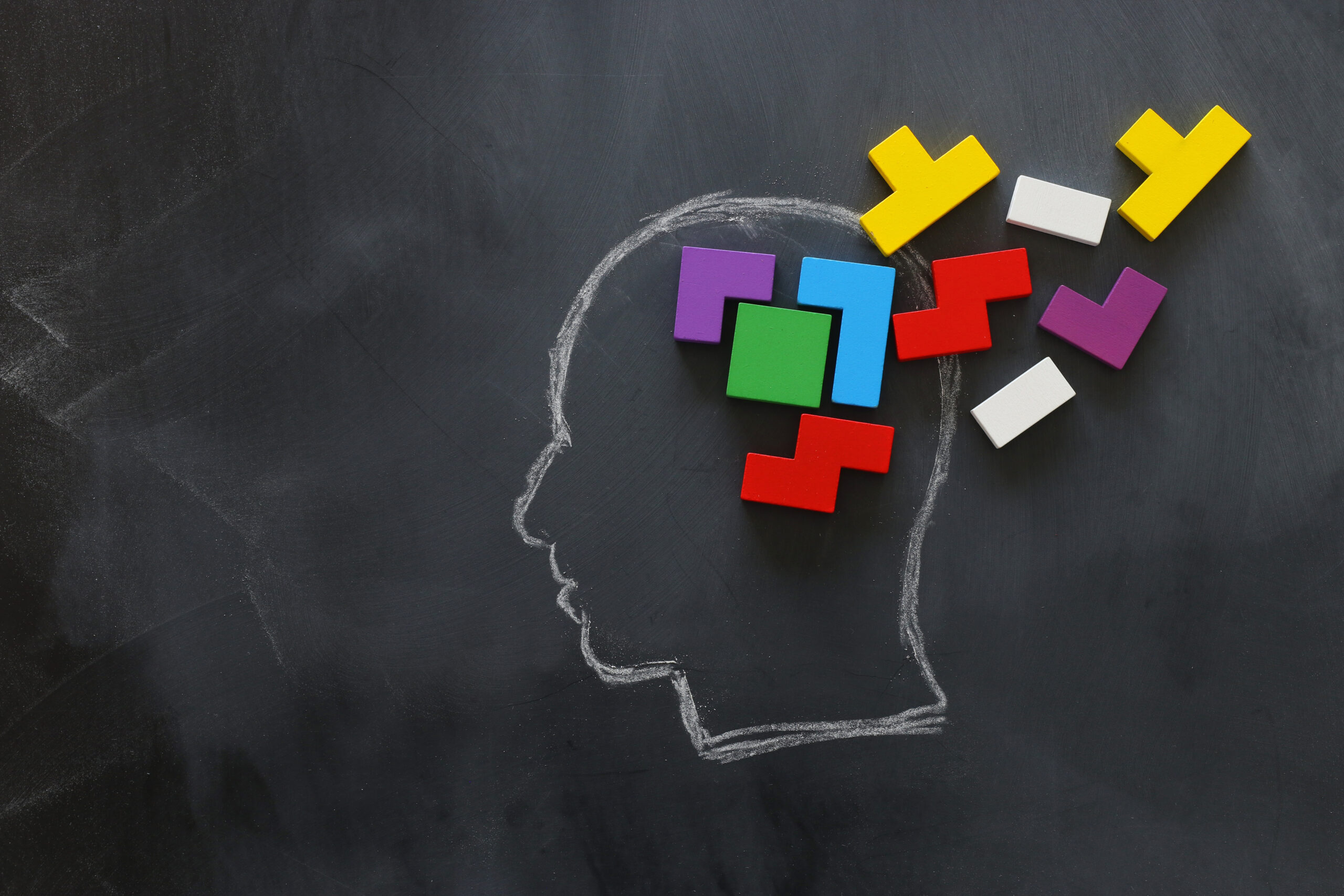 A chalk outline of a person's head with wooden puzzle pieces arranged on top.