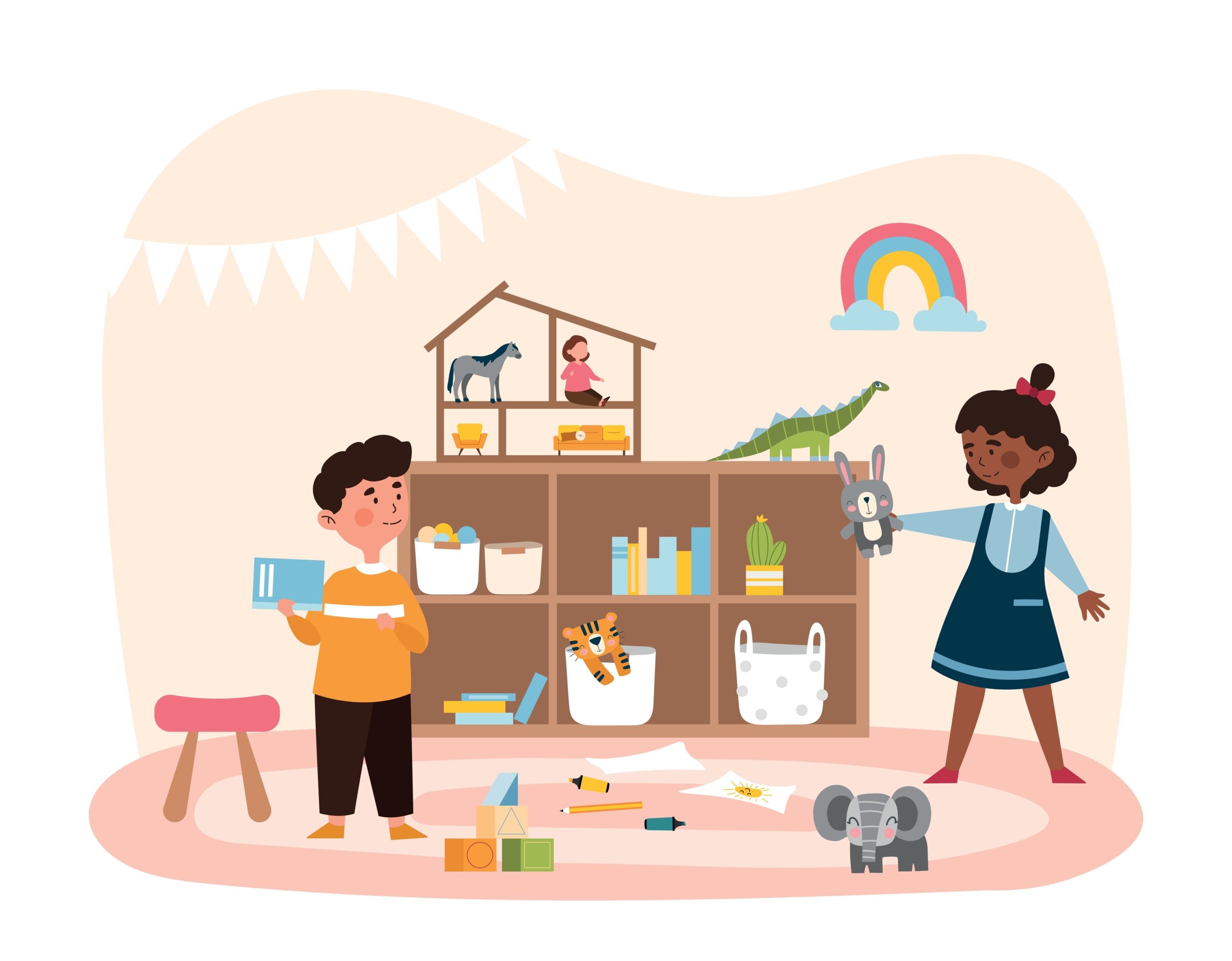 Artwork of children cleaning up their toy room.