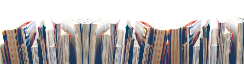 A long row of uneven magazines.