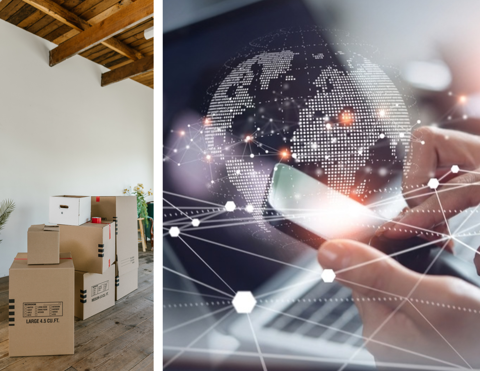 A collage of an image representing networking with boxes used for organizing.